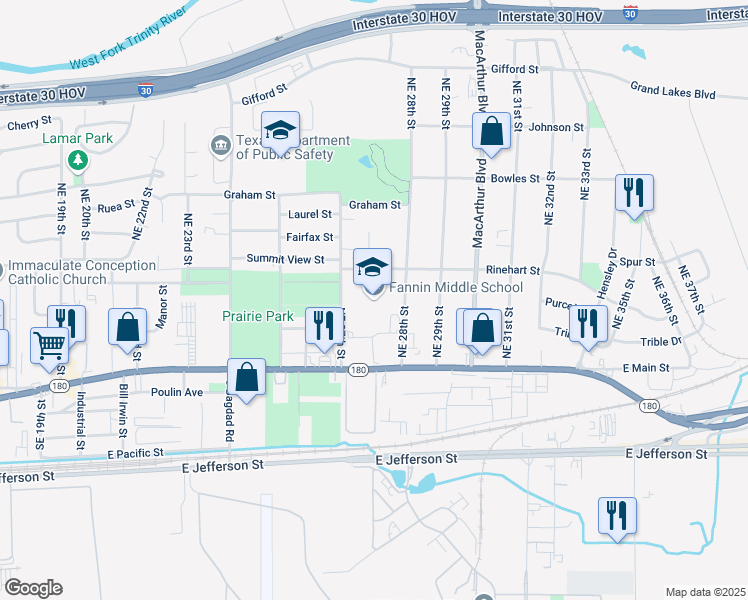 map of restaurants, bars, coffee shops, grocery stores, and more near 301 Northeast 28th Street in Grand Prairie