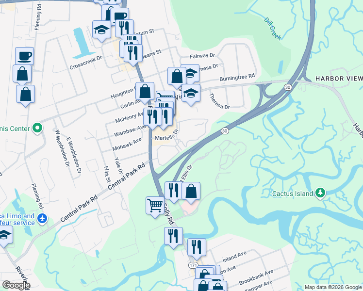 map of restaurants, bars, coffee shops, grocery stores, and more near 550 Harbor Cove Lane in Charleston