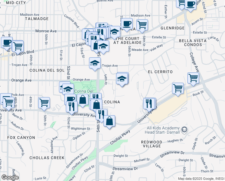 map of restaurants, bars, coffee shops, grocery stores, and more near 5455 Mandarin Cove in San Diego