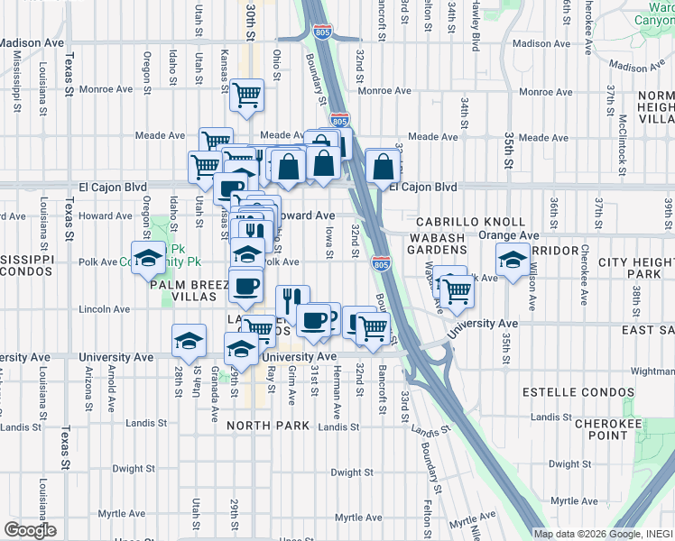 map of restaurants, bars, coffee shops, grocery stores, and more near 4124 32nd Street in San Diego