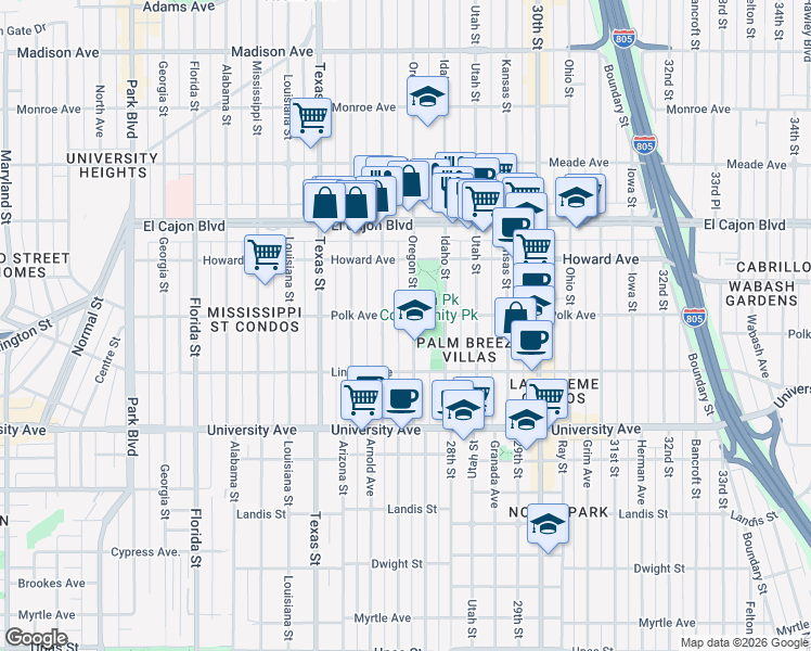 map of restaurants, bars, coffee shops, grocery stores, and more near 4084 Oregon Street in San Diego