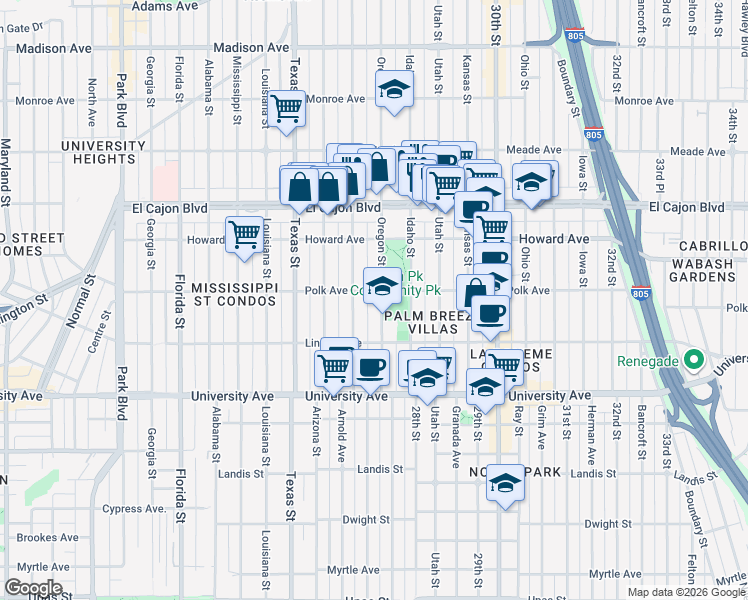 map of restaurants, bars, coffee shops, grocery stores, and more near 2640 Polk Avenue in San Diego