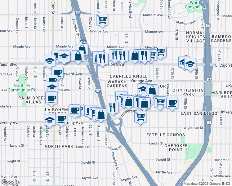 map of restaurants, bars, coffee shops, grocery stores, and more near 4115 Wabash Avenue in San Diego