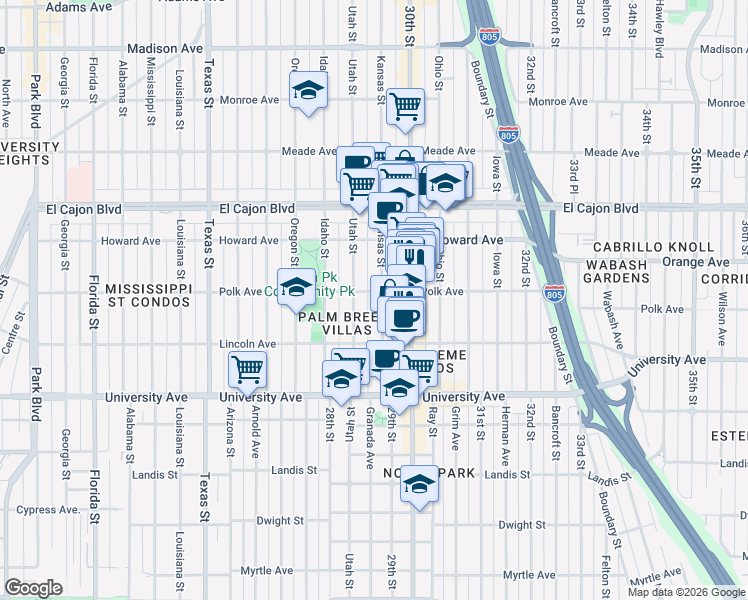 map of restaurants, bars, coffee shops, grocery stores, and more near 2876 Polk Avenue in San Diego