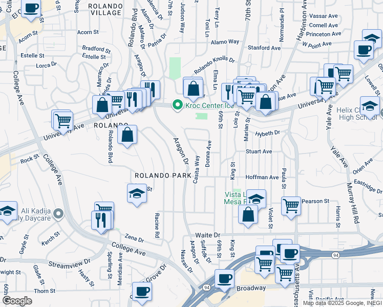 map of restaurants, bars, coffee shops, grocery stores, and more near 6825 Missy Court in San Diego