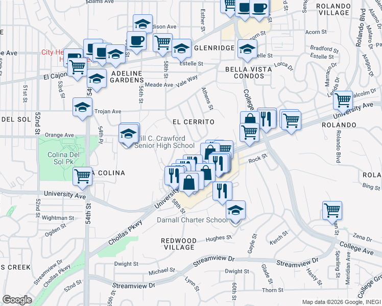 map of restaurants, bars, coffee shops, grocery stores, and more near 4220 West Overlook Drive in San Diego