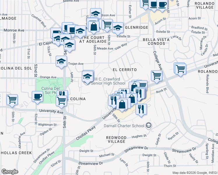 map of restaurants, bars, coffee shops, grocery stores, and more near 5684 Andros Place in San Diego