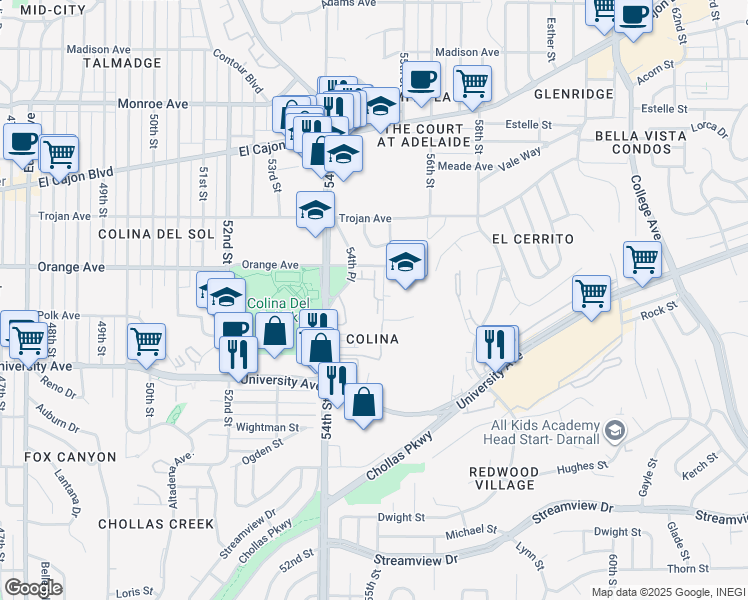 map of restaurants, bars, coffee shops, grocery stores, and more near in San Diego