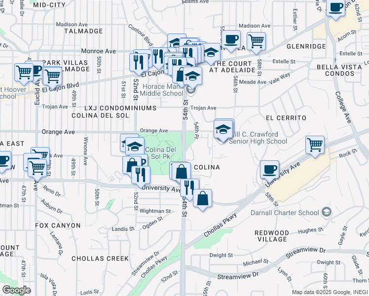 map of restaurants, bars, coffee shops, grocery stores, and more near 196 54th Place in San Diego