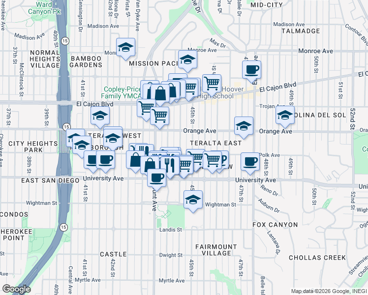 map of restaurants, bars, coffee shops, grocery stores, and more near 4168 Highland Avenue in San Diego