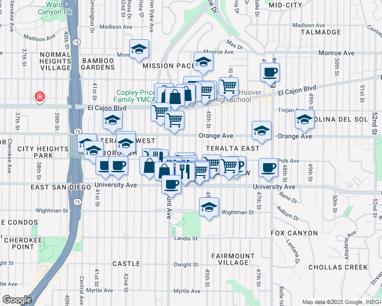 map of restaurants, bars, coffee shops, grocery stores, and more near 4168 Highland Avenue in San Diego