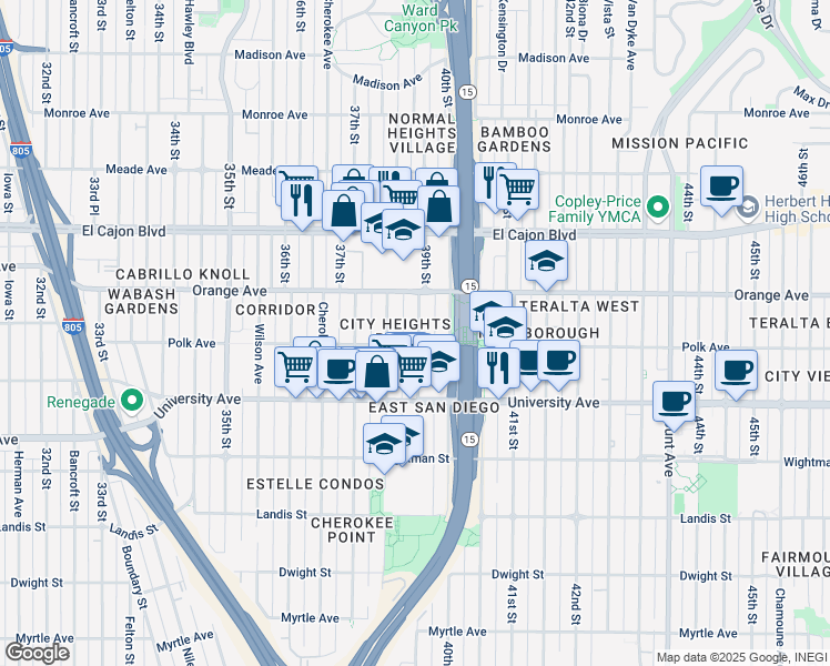 map of restaurants, bars, coffee shops, grocery stores, and more near 4154 39th Street in San Diego