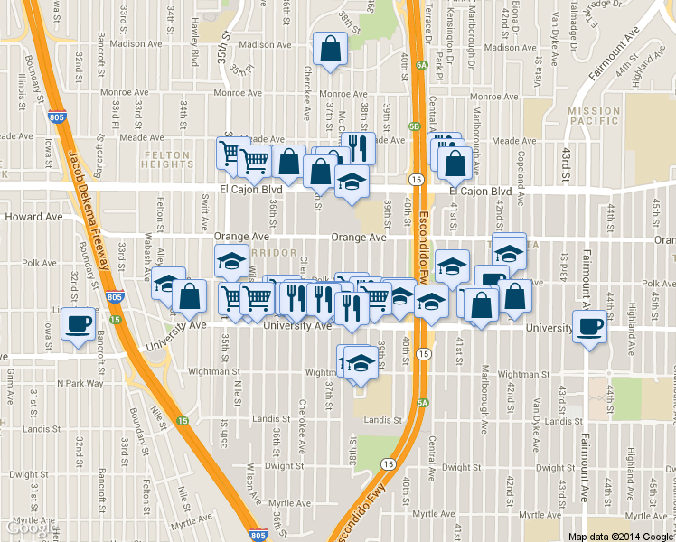 map of restaurants, bars, coffee shops, grocery stores, and more near 4161 37th Street in San Diego