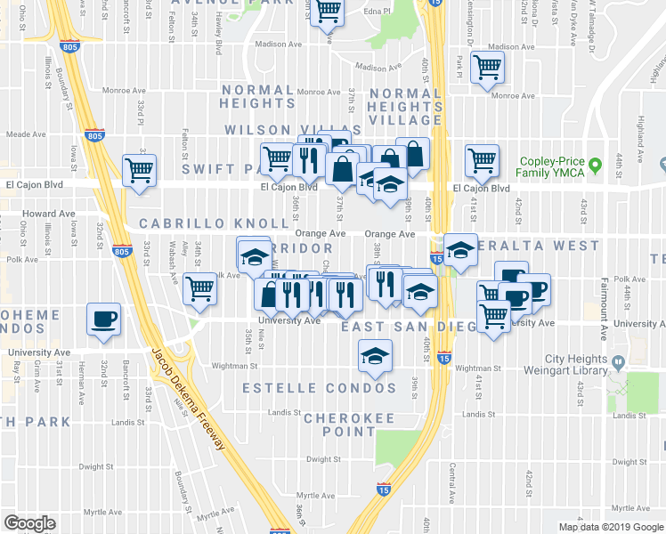 map of restaurants, bars, coffee shops, grocery stores, and more near 4151 Cherokee Avenue in San Diego