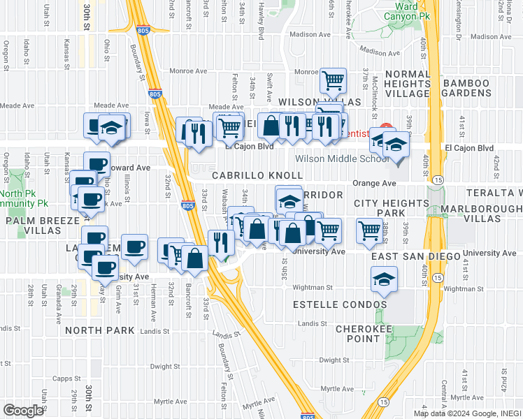 map of restaurants, bars, coffee shops, grocery stores, and more near 4151 34th Street in San Diego