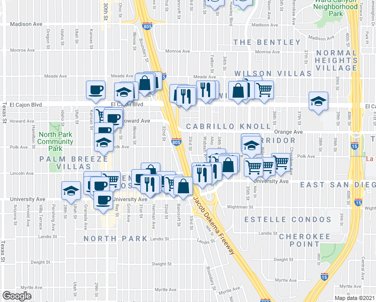 map of restaurants, bars, coffee shops, grocery stores, and more near 4152 33rd Street in San Diego