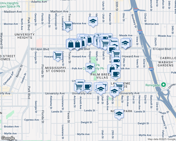 map of restaurants, bars, coffee shops, grocery stores, and more near 2640 Polk Avenue in San Diego