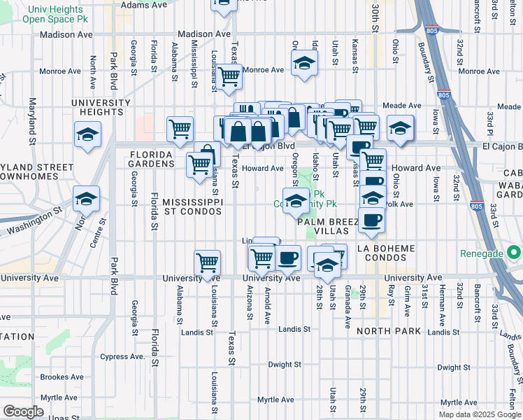 map of restaurants, bars, coffee shops, grocery stores, and more near 4114 Hamilton Street in San Diego
