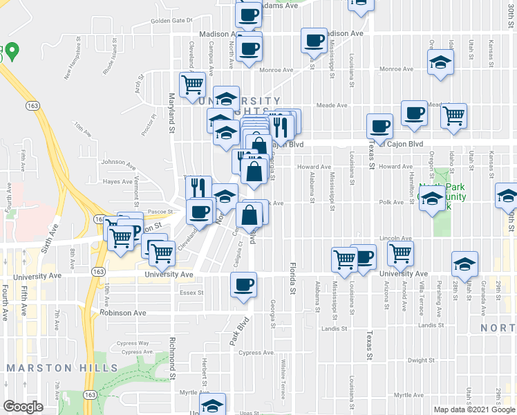 map of restaurants, bars, coffee shops, grocery stores, and more near 4114 Georgia Street in San Diego