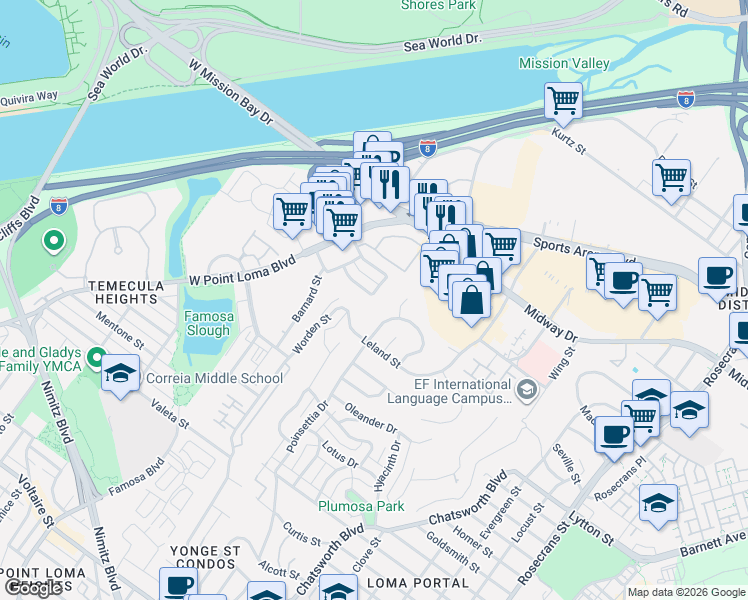 map of restaurants, bars, coffee shops, grocery stores, and more near 3151 Groton Way in San Diego