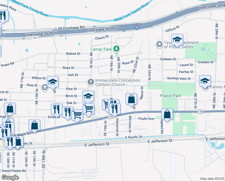 map of restaurants, bars, coffee shops, grocery stores, and more near 523 Northeast 19th Street in Grand Prairie