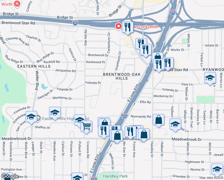 map of restaurants, bars, coffee shops, grocery stores, and more near 1844 Lynnwood Hills Drive in Fort Worth