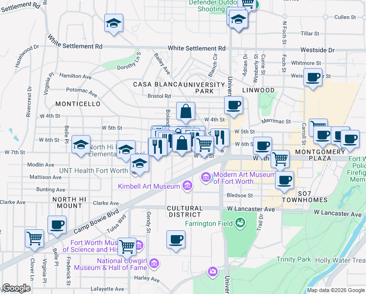 map of restaurants, bars, coffee shops, grocery stores, and more near 616 Arch Adams Street in Fort Worth