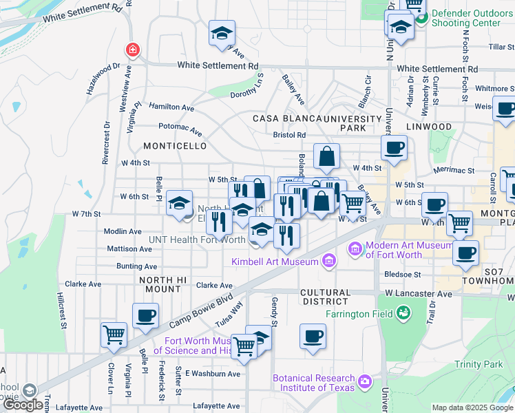 map of restaurants, bars, coffee shops, grocery stores, and more near 3564 West 6th Street in Fort Worth