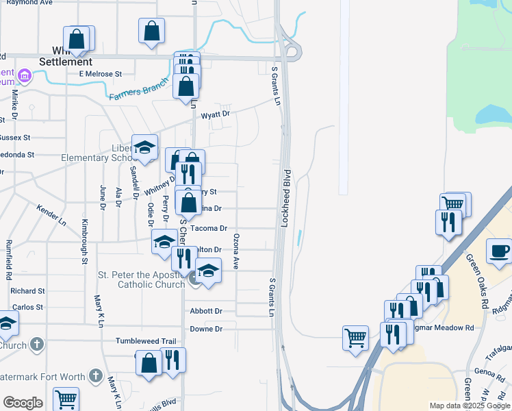 map of restaurants, bars, coffee shops, grocery stores, and more near 7716 Corina Drive in White Settlement