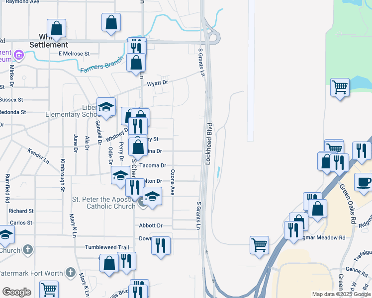 map of restaurants, bars, coffee shops, grocery stores, and more near 7716 Corina Drive in White Settlement