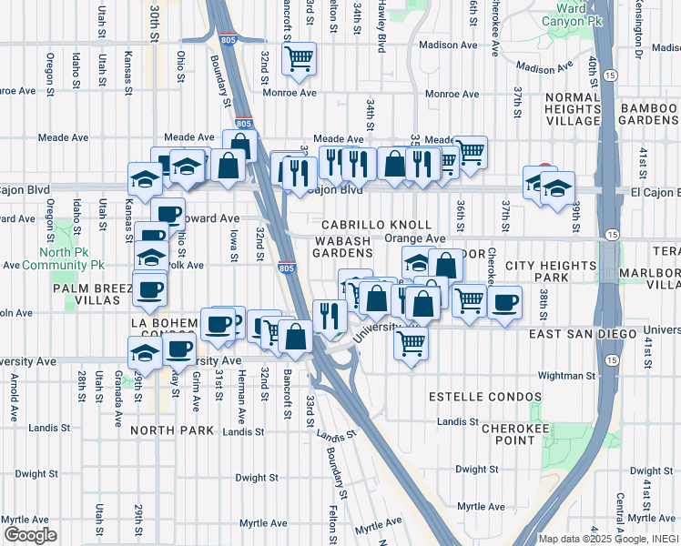 map of restaurants, bars, coffee shops, grocery stores, and more near 4115 Wabash Avenue in San Diego