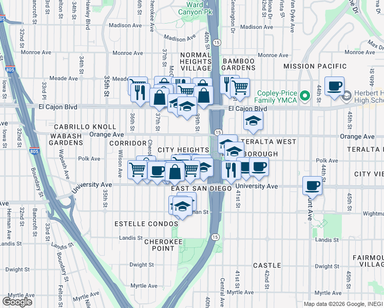 map of restaurants, bars, coffee shops, grocery stores, and more near 4122 39th Street in San Diego