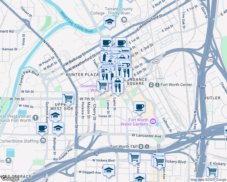 map of restaurants, bars, coffee shops, grocery stores, and more near in Fort Worth