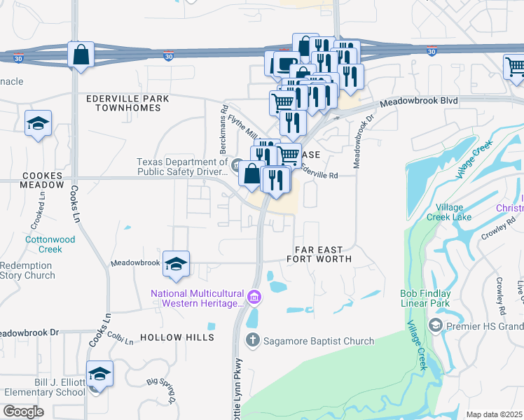 map of restaurants, bars, coffee shops, grocery stores, and more near Brentwood Stair Rd & Eastchase Pkwy in Fort Worth