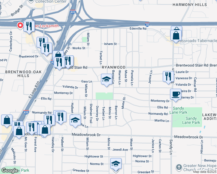 map of restaurants, bars, coffee shops, grocery stores, and more near 1817 Barron Lane in Fort Worth