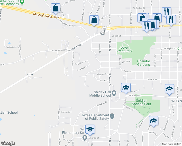 map of restaurants, bars, coffee shops, grocery stores, and more near 1240 Mineola Street in Weatherford