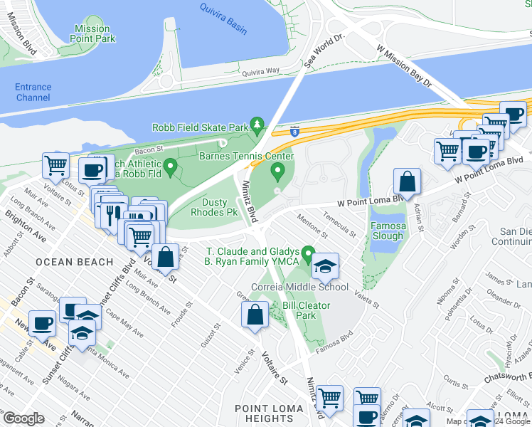 map of restaurants, bars, coffee shops, grocery stores, and more near 4588 West Point Loma Boulevard in San Diego