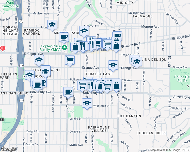 map of restaurants, bars, coffee shops, grocery stores, and more near 4129-31 Chamoune Avenue in San Diego