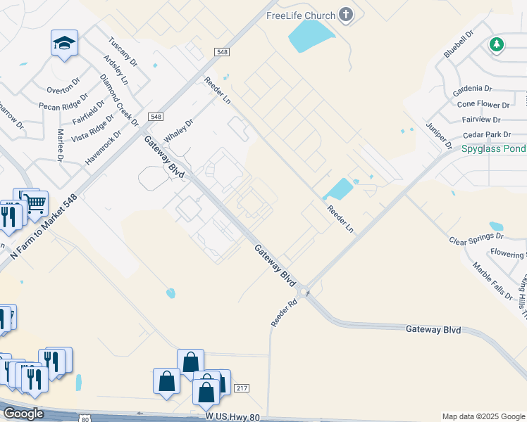 map of restaurants, bars, coffee shops, grocery stores, and more near 1200 Gateway Boulevard in Forney