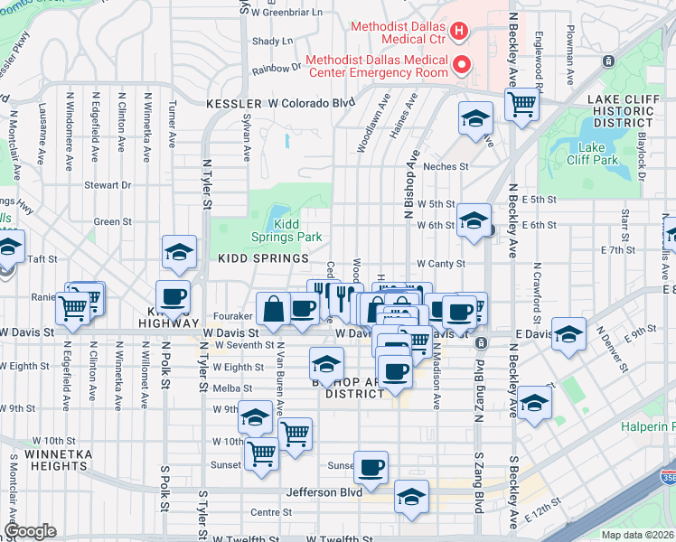 map of restaurants, bars, coffee shops, grocery stores, and more near 803 Woodlawn Avenue in Dallas