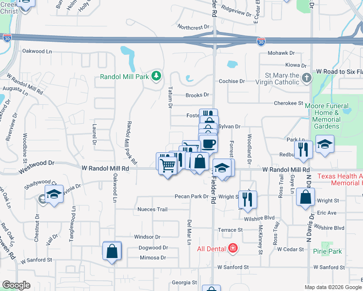 map of restaurants, bars, coffee shops, grocery stores, and more near 1122 Millview Drive in Arlington