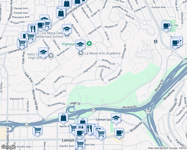 map of restaurants, bars, coffee shops, grocery stores, and more near 4040 Rosarita Drive in La Mesa