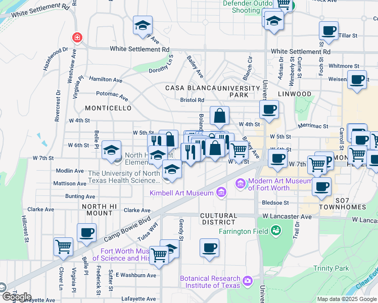 map of restaurants, bars, coffee shops, grocery stores, and more near 3428 West 6th Street in Fort Worth
