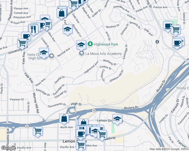 map of restaurants, bars, coffee shops, grocery stores, and more near 4040 Rosarita Drive in La Mesa