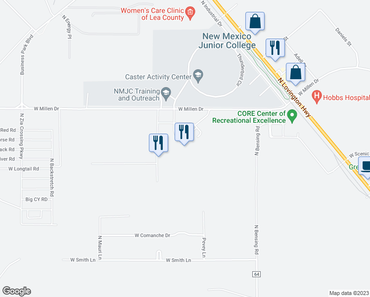 map of restaurants, bars, coffee shops, grocery stores, and more near 3901 West Millen Drive in Hobbs