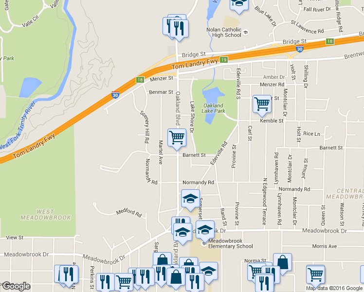 map of restaurants, bars, coffee shops, grocery stores, and more near 1733 Oakland Boulevard in Fort Worth