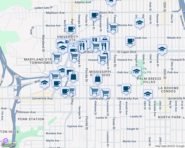 map of restaurants, bars, coffee shops, grocery stores, and more near 4115 Alabama Street in San Diego