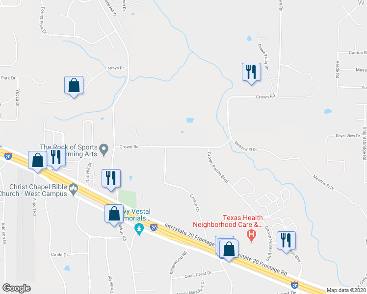 map of restaurants, bars, coffee shops, grocery stores, and more near 35 Crown Road in Weatherford