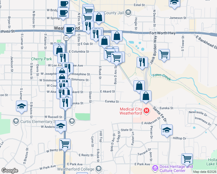 map of restaurants, bars, coffee shops, grocery stores, and more near 414 East Simmons Street in Weatherford