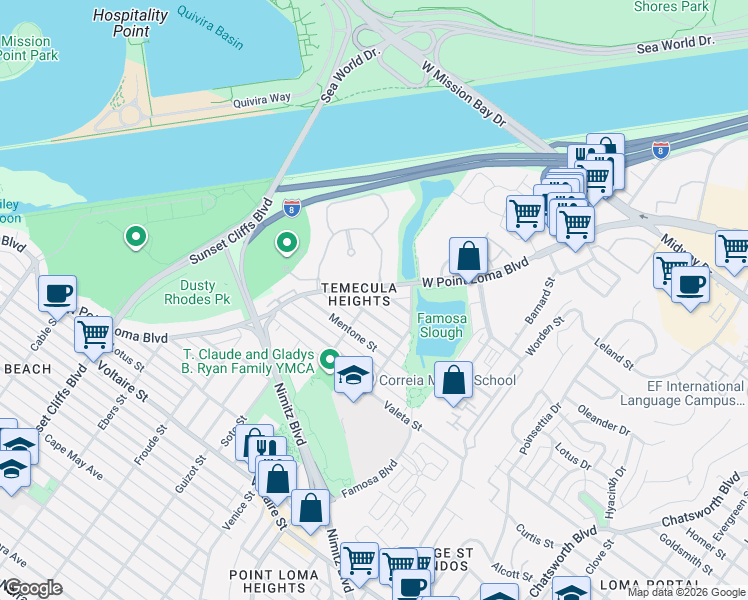 map of restaurants, bars, coffee shops, grocery stores, and more near 4314 West Point Loma Boulevard in San Diego